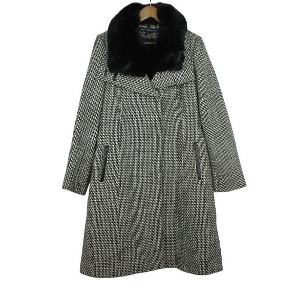 French Connection Coat Removable Faux Fur Collar Houndstooth Tweed Size L Luxury - Picture 1 of 8